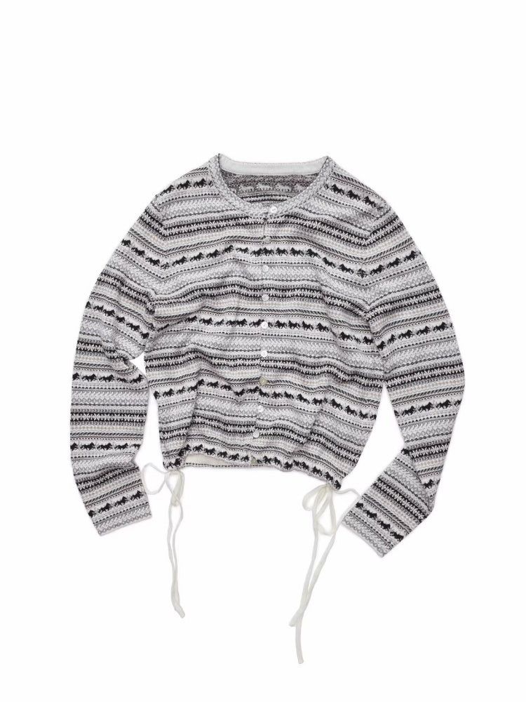 Fair Island Pony Jacquard Fine Woven Small Cardigan Drawstring Bud Casual Knit Top【s0000014601】