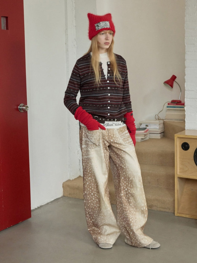 Fair Island Pony Jacquard Fine Woven Small Cardigan Drawstring Bud Casual Knit Top【s0000014601】