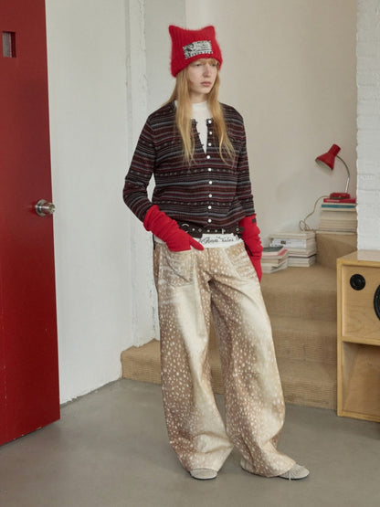 Fair Island Pony Jacquard Fine Woven Small Cardigan Drawstring Bud Casual Knit Top【s0000014601】