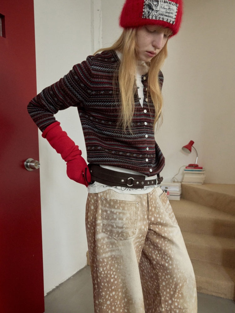 Fair Island Pony Jacquard Fine Woven Small Cardigan Drawstring Bud Casual Knit Top【s0000014601】