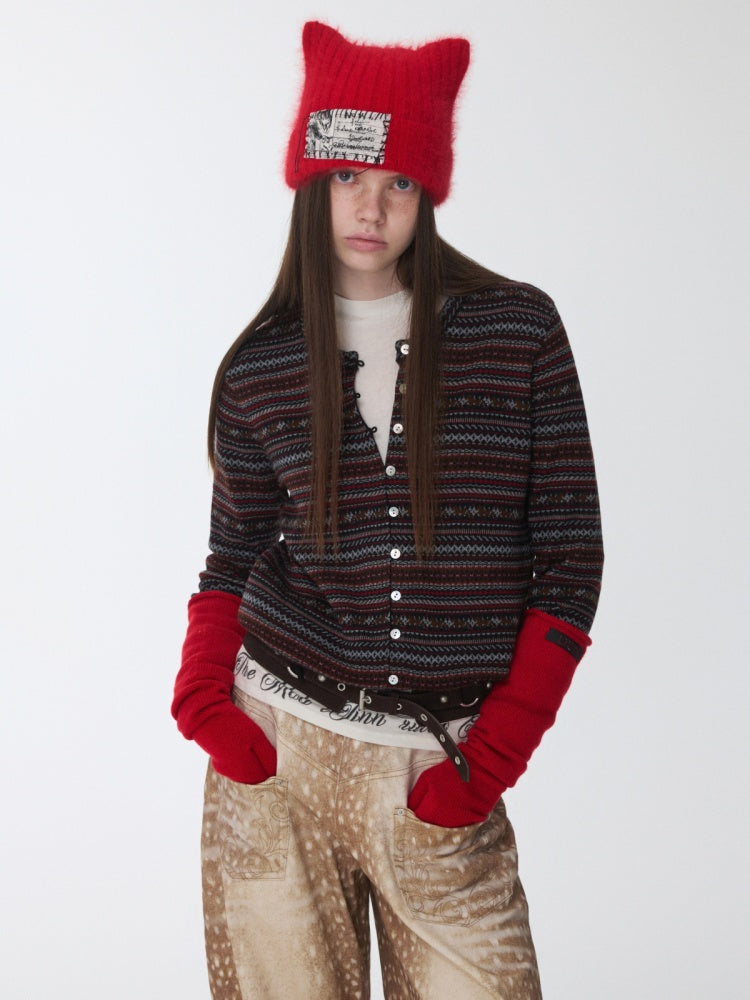 Fair Island Pony Jacquard Fine Woven Small Cardigan Drawstring Bud Casual Knit Top【s0000014601】