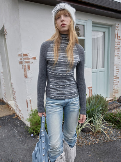 Fair Island Basic High Neck Contrast Panel Knit Slim Base Top【s0000014602】