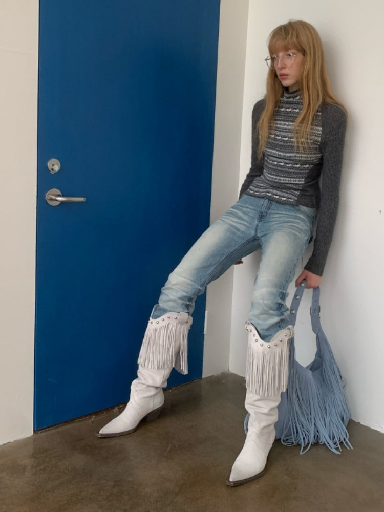 Fair Island Basic High Neck Contrast Panel Knit Slim Base Top【s0000014602】