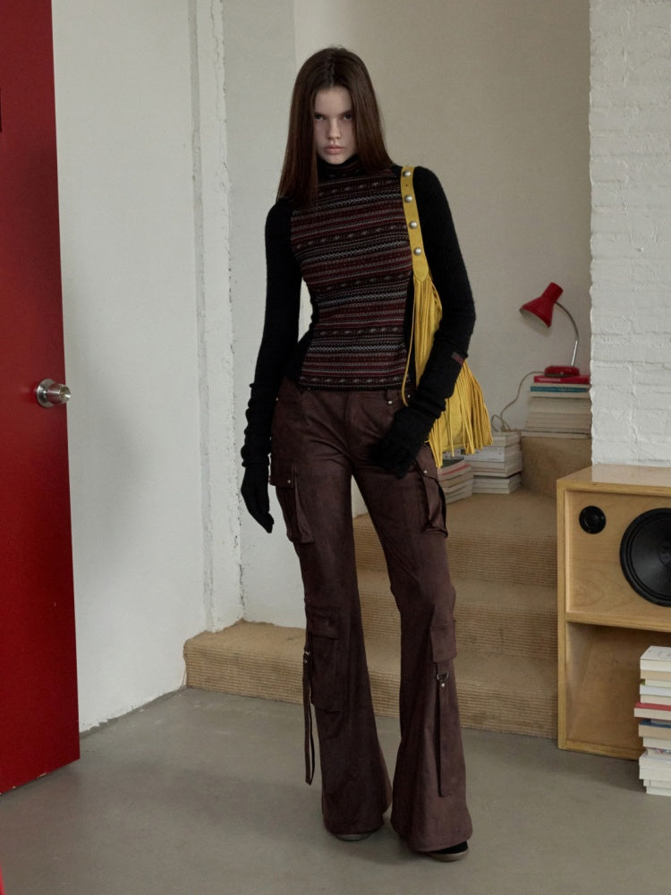 Fair Island Basic High Neck Contrast Panel Knit Slim Base Top【s0000014602】