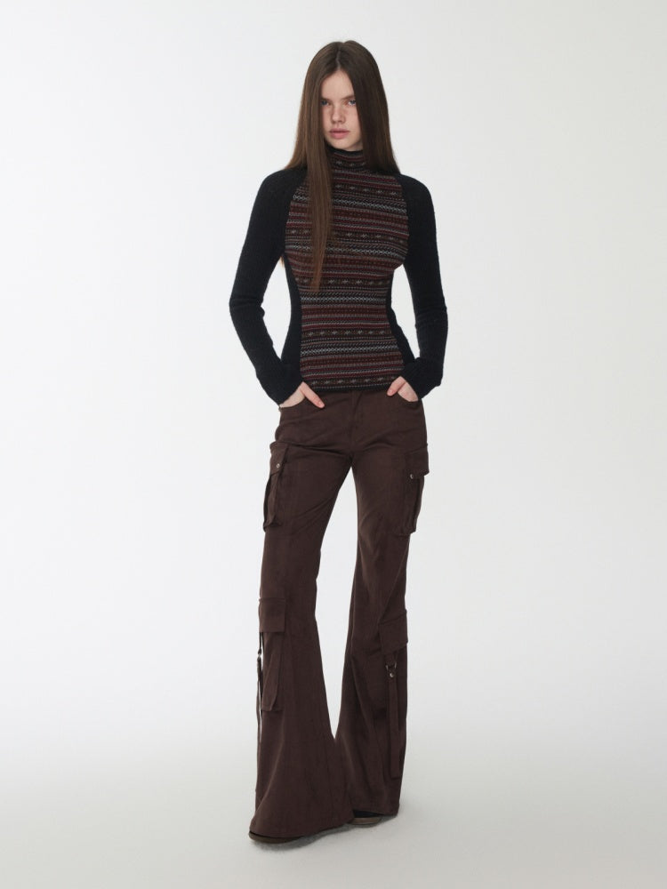 Fair Island Basic High Neck Contrast Panel Knit Slim Base Top【s0000014602】