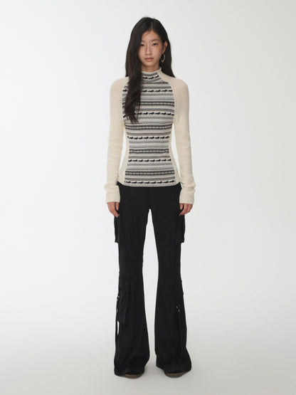 Fair Island Basic High Neck Contrast Panel Knit Slim Base Top【s0000014602】