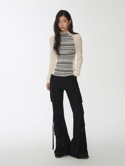 Fair Island Basic High Neck Contrast Panel Knit Slim Base Top【s0000014602】