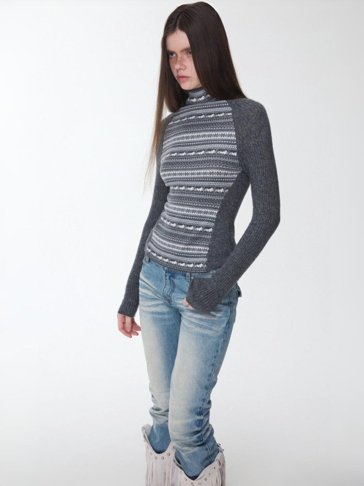 Fair Island Basic High Neck Contrast Panel Knit Slim Base Top【s0000014602】