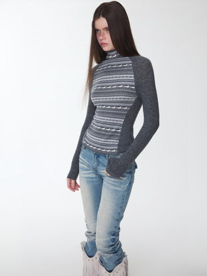 Fair Island Basic High Neck Contrast Panel Knit Slim Base Top【s0000014602】