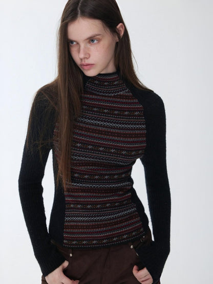 Fair Island Basic High Neck Contrast Panel Knit Slim Base Top【s0000014602】