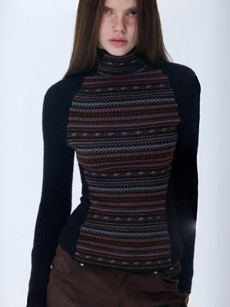 Fair Island Basic High Neck Contrast Panel Knit Slim Base Top【s0000014602】