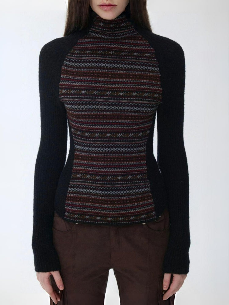 Fair Island Basic High Neck Contrast Panel Knit Slim Base Top【s0000014602】