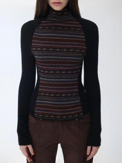 Fair Island Basic High Neck Contrast Panel Knit Slim Base Top【s0000014602】