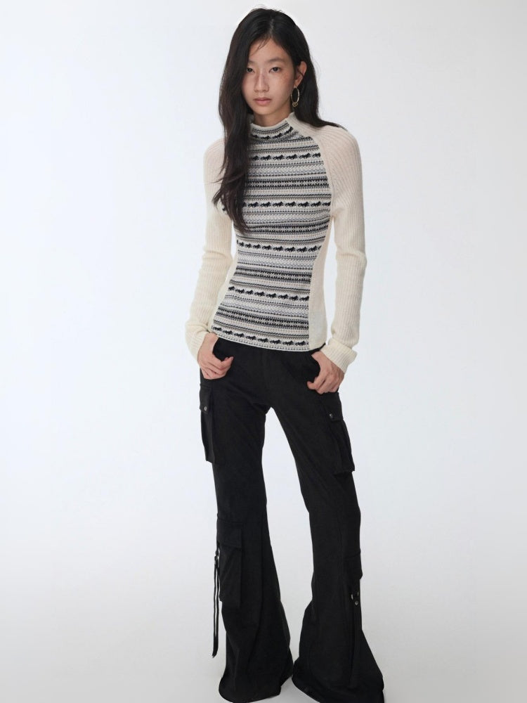 Fair Island Basic High Neck Contrast Panel Knit Slim Base Top【s0000014602】