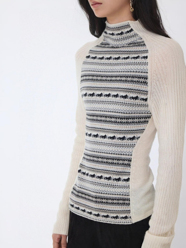 Fair Island Basic High Neck Contrast Panel Knit Slim Base Top【s0000014602】