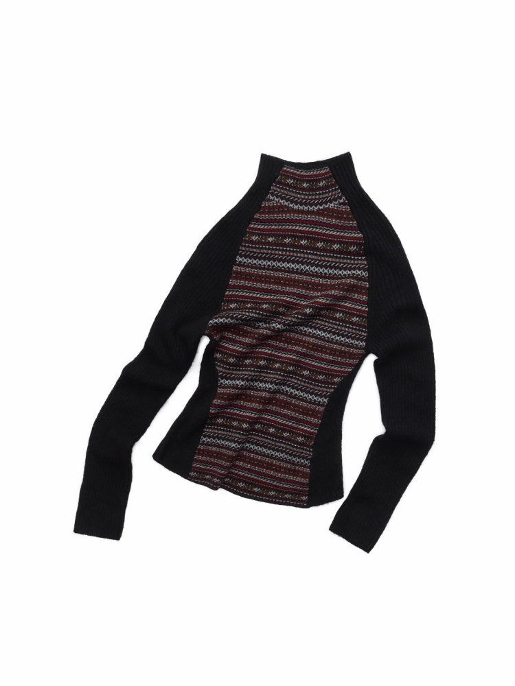 Fair Island Basic High Neck Contrast Panel Knit Slim Base Top【s0000014602】