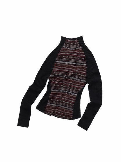 Fair Island Basic High Neck Contrast Panel Knit Slim Base Top【s0000014602】