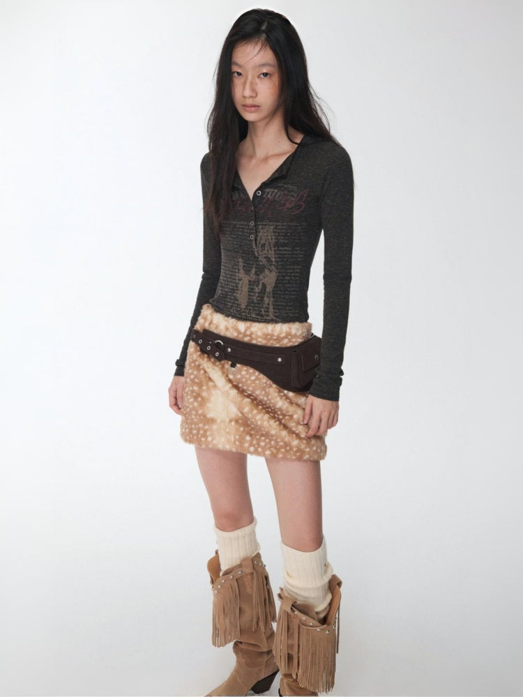 Retro Fawn Pattern Eco-Friendly Fur Suede Slimming Hip-Hugging Low-Waisted Skirt【s0000014603】