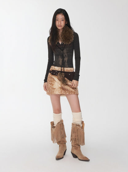 Retro Fawn Pattern Eco-Friendly Fur Suede Slimming Hip-Hugging Low-Waisted Skirt【s0000014603】