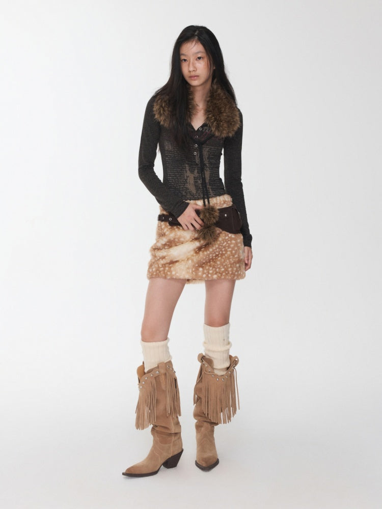 Retro Fawn Pattern Eco-Friendly Fur Suede Slimming Hip-Hugging Low-Waisted Skirt【s0000014603】