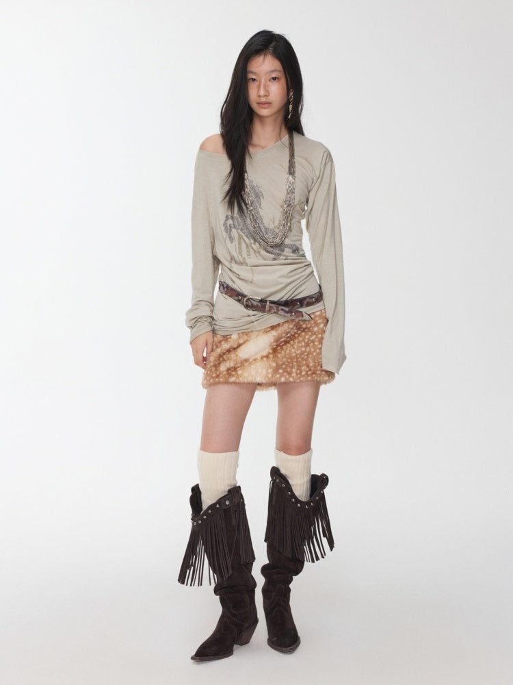 Retro Fawn Pattern Eco-Friendly Fur Suede Slimming Hip-Hugging Low-Waisted Skirt【s0000014603】