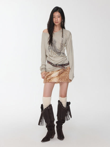 Retro Fawn Pattern Eco-Friendly Fur Suede Slimming Hip-Hugging Low-Waisted Skirt【s0000014603】