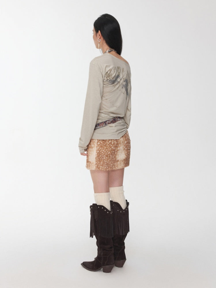 Retro Fawn Pattern Eco-Friendly Fur Suede Slimming Hip-Hugging Low-Waisted Skirt【s0000014603】