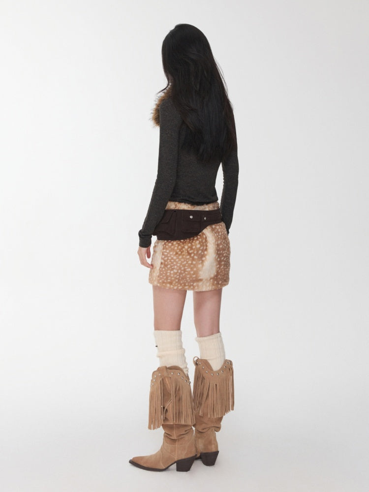 Retro Fawn Pattern Eco-Friendly Fur Suede Slimming Hip-Hugging Low-Waisted Skirt【s0000014603】