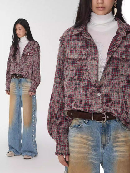 American Vintage Distressed Check Raw Edge Slim Versatile Lapel Shirt Jacket【s0000014604】