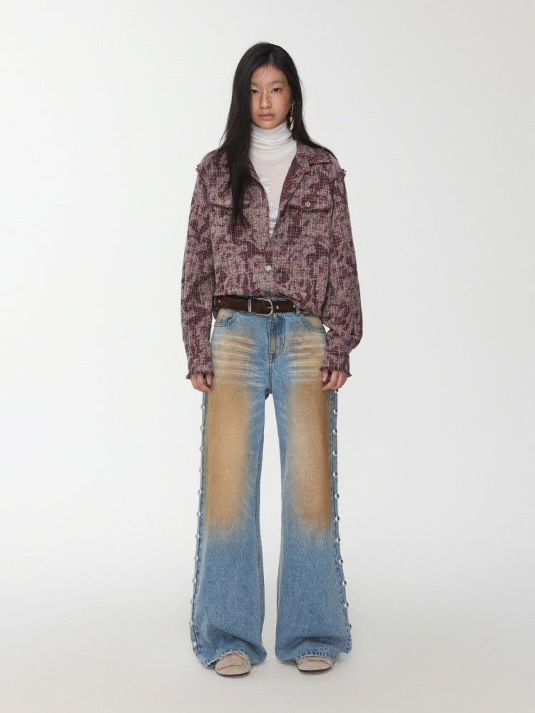 American Vintage Distressed Check Raw Edge Slim Versatile Lapel Shirt Jacket【s0000014604】