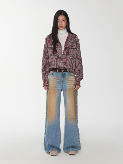 American Vintage Distressed Check Raw Edge Slim Versatile Lapel Shirt Jacket【s0000014604】