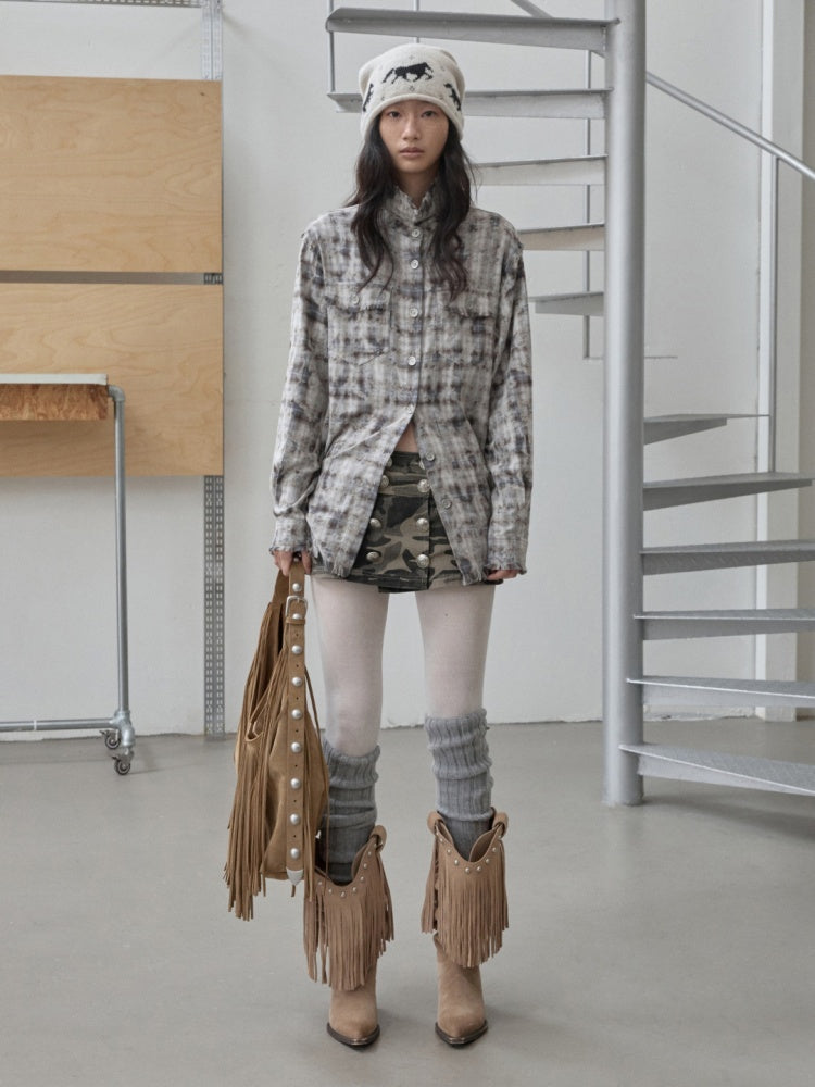 American Vintage Distressed Check Raw Edge Slim Versatile Lapel Shirt Jacket【s0000014604】