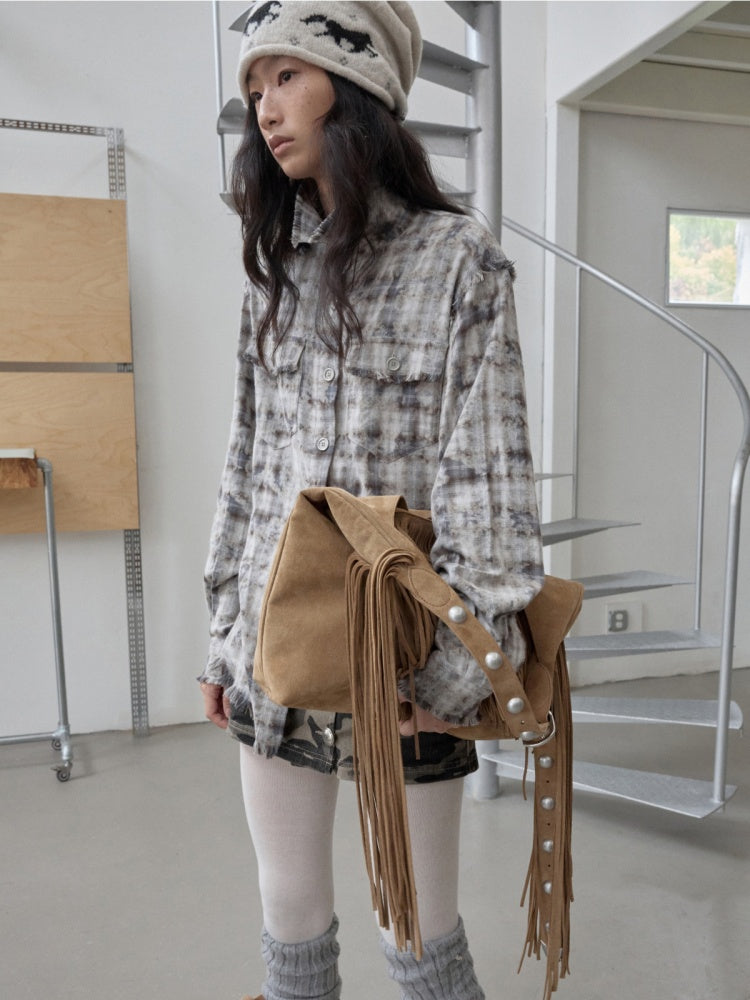 American Vintage Distressed Check Raw Edge Slim Versatile Lapel Shirt Jacket【s0000014604】