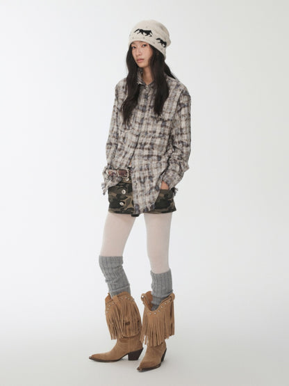 American Vintage Distressed Check Raw Edge Slim Versatile Lapel Shirt Jacket【s0000014604】