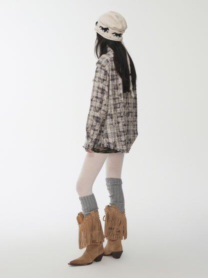 American Vintage Distressed Check Raw Edge Slim Versatile Lapel Shirt Jacket【s0000014604】