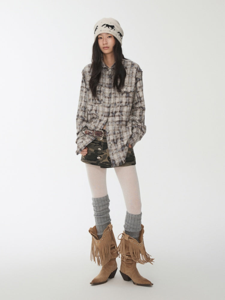 American Vintage Distressed Check Raw Edge Slim Versatile Lapel Shirt Jacket【s0000014604】