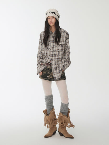 American Vintage Distressed Check Raw Edge Slim Versatile Lapel Shirt Jacket【s0000014604】