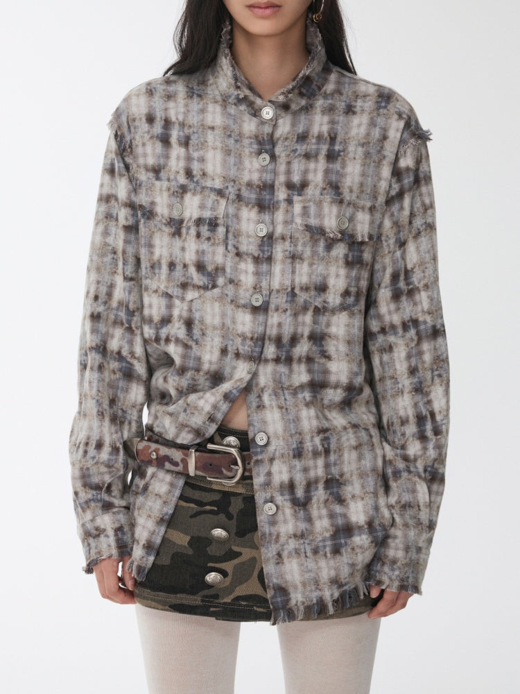 American Vintage Distressed Check Raw Edge Slim Versatile Lapel Shirt Jacket【s0000014604】