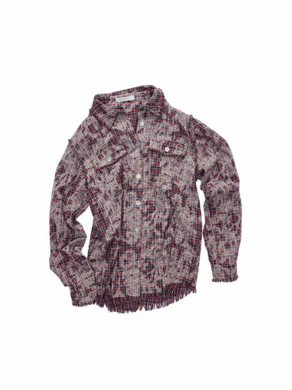 American Vintage Distressed Check Raw Edge Slim Versatile Lapel Shirt Jacket【s0000014604】