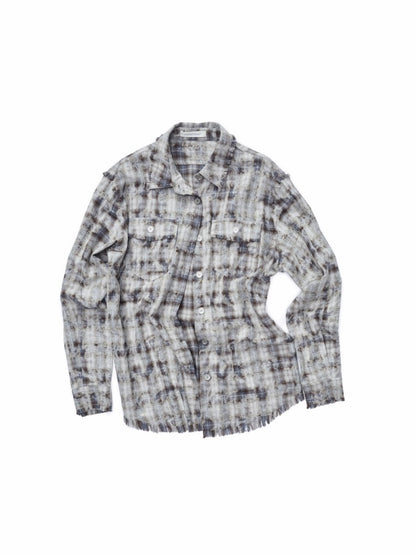 American Vintage Distressed Check Raw Edge Slim Versatile Lapel Shirt Jacket【s0000014604】