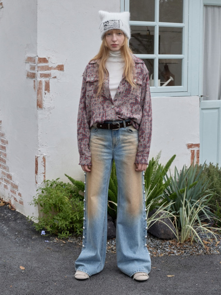 American Vintage Distressed Check Raw Edge Slim Versatile Lapel Shirt Jacket【s0000014604】