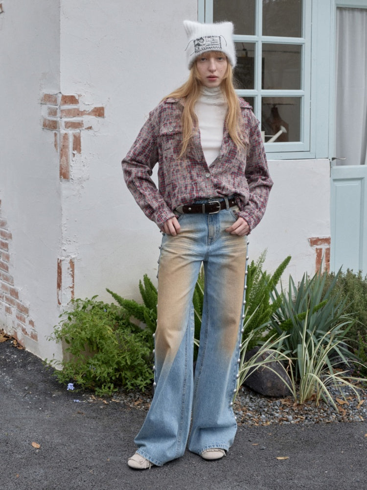 American Vintage Distressed Check Raw Edge Slim Versatile Lapel Shirt Jacket【s0000014604】