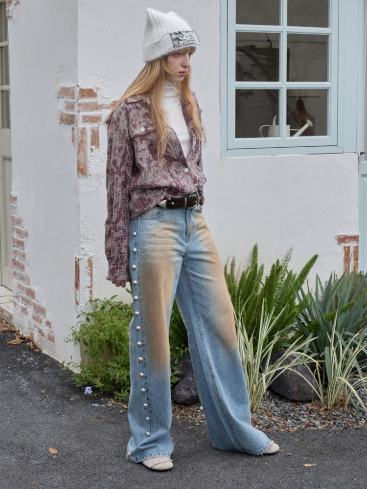 American Vintage Distressed Check Raw Edge Slim Versatile Lapel Shirt Jacket【s0000014604】