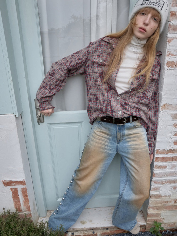 American Vintage Distressed Check Raw Edge Slim Versatile Lapel Shirt Jacket【s0000014604】