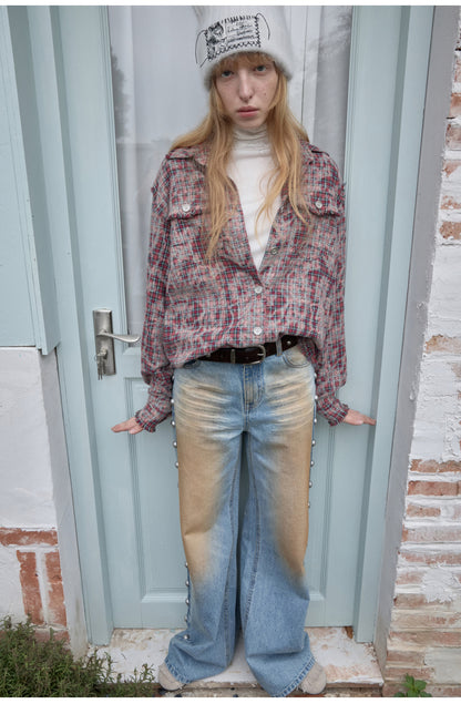 American Vintage Distressed Check Raw Edge Slim Versatile Lapel Shirt Jacket【s0000014604】