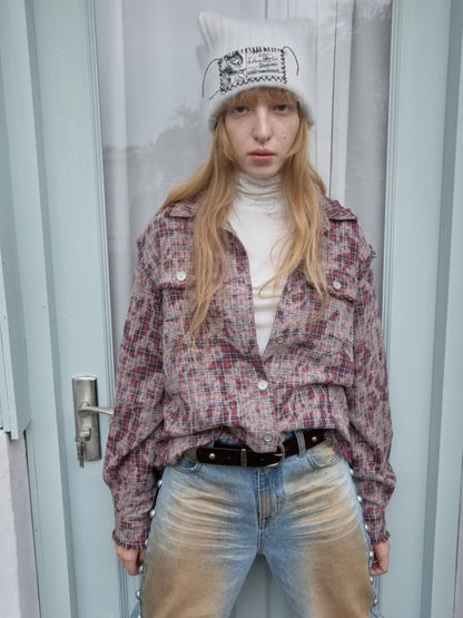 American Vintage Distressed Check Raw Edge Slim Versatile Lapel Shirt Jacket【s0000014604】