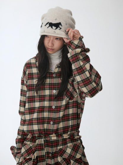 Vintage Cargo Pocket Red Check Raw Edge Dress Versatile Long Sleeve Shirt Dress【s0000014605】
