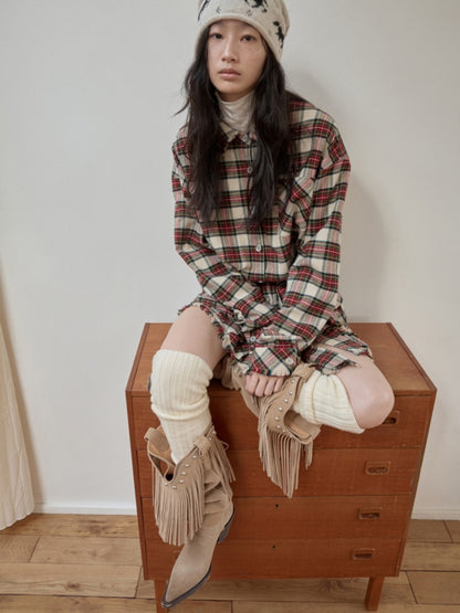 Vintage Cargo Pocket Red Check Raw Edge Dress Versatile Long Sleeve Shirt Dress【s0000014605】