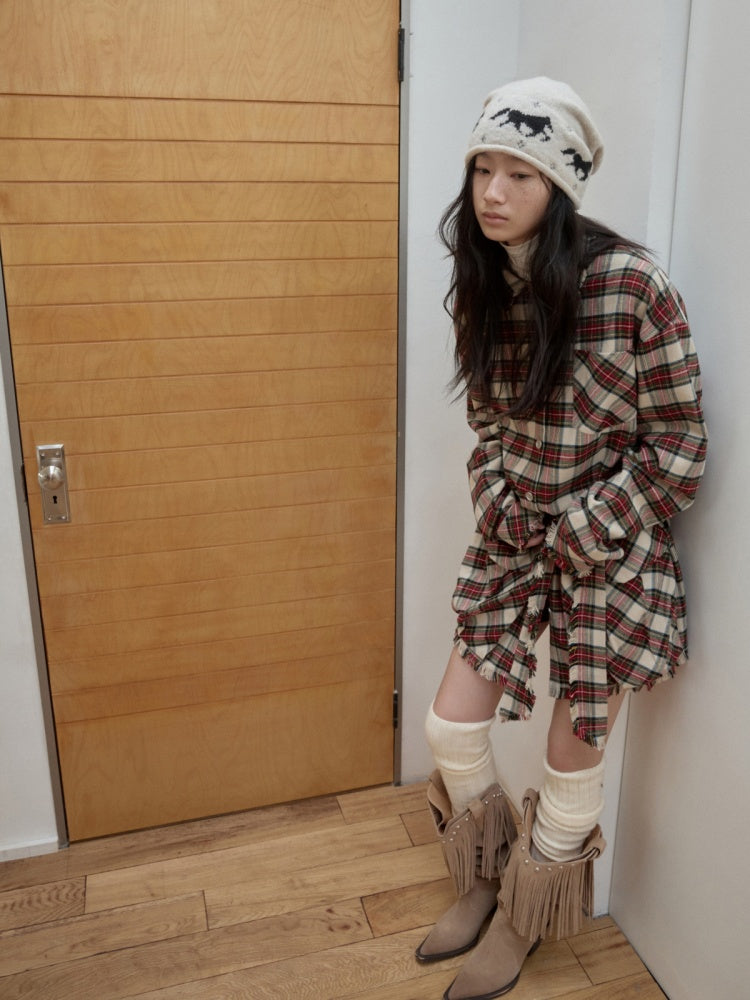 Vintage Cargo Pocket Red Check Raw Edge Dress Versatile Long Sleeve Shirt Dress【s0000014605】