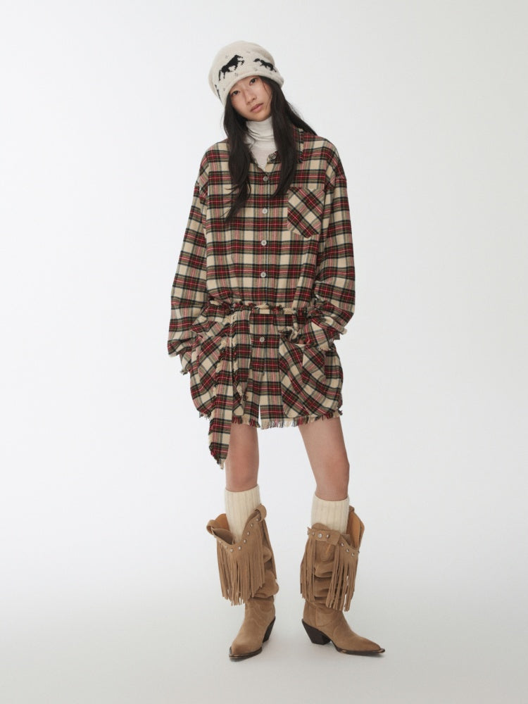 Vintage Cargo Pocket Red Check Raw Edge Dress Versatile Long Sleeve Shirt Dress【s0000014605】